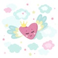 Cute magical heart with wings and crown in little princess theme.